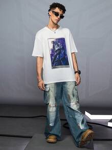 Transformers X SHEIN Men's Casual Robot Graphic Round Neck Short Sleeve T-Shirt, Summer - White - View 3