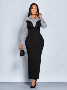 SOLERSUN Damen elegantes, lässiges Farbblock figurbetontes Langarm-Strickkleid mit Kragen, gestreiftes Patchwork-Strickkleid mit 2-in-1-Look, Winterkleidung für Frauen (zufälliges Blumenmuster) - Schwarz - Übersicht 4