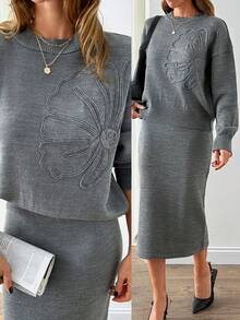 EURMUSE Kobieta Kwiat Haft Szczegółowy Midi Sweter Spódnica Dwuczęściowy Zestaw Co-Ords