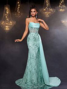 Glamrae Elegant Luxurious Beaded Embroidered Lace Sequin Floral Patchwork Satin Mermaid Skirt With Side Slit, Suitable For Wedding, Party, Prom, Vacation, Banquet (Heavy Embellishment) - Green - View 8
