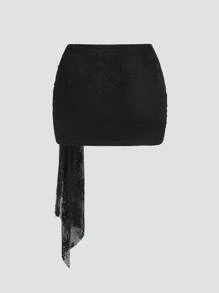 Sweetra Women's Elegant Sexy Lace Patchwork Asymmetrical Ruffle Hem Metal Decor Button Pleated Bodycon Mini Skirt - Black - View 2