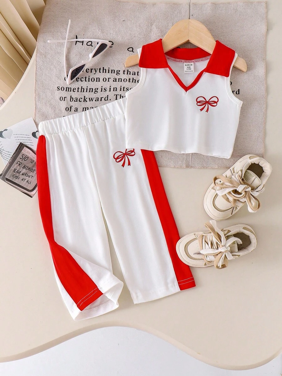 SHEIN 2 件套女婴 2025 年夏季新款无袖背心上衣 + 休闲裤套装，运动风格婴幼儿服装 - 紅色 - 查看 1