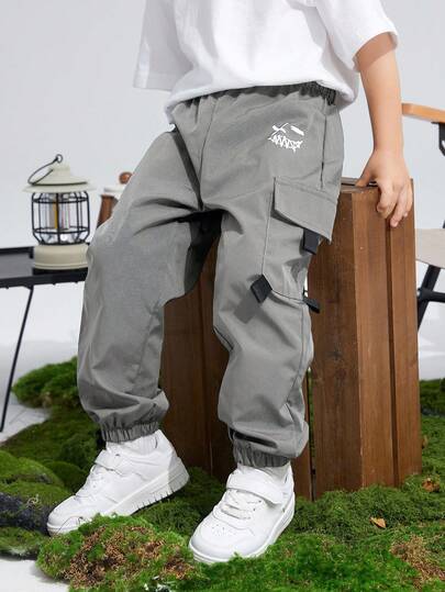 SHEIN Woven Young Boy Cartoon Print Cargo Pocket Casual Pants