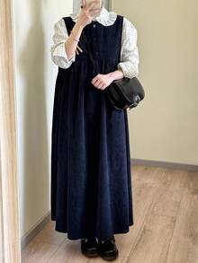 FRIFUL 女士藏蓝色纯色圆领无袖褶皱连衣裙，秋季连衣裙，户外连衣裙，女士秋季服装夏季女装连衣裙 - 藏蓝色 - 查看 2