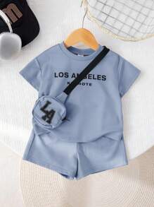 SHEIN 3pcs/Set Babybo Summer Casual Letter Print Short Sleeve T-Shirt, Elastic Waist Shorts, Bonus Crossbody Bag - Blue - View 8