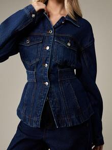 MISSGUIDED Fitted Denim Jacket With Waist Belt Classic Western Trucker Style Button Front Utility Pockets Pointed Collar Fall Winter Outerwear Streetwear Fashion - Dark Wash - View 6