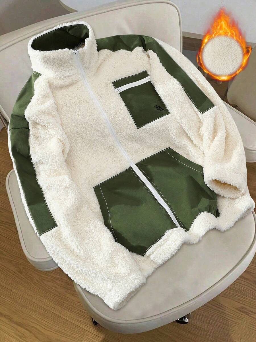 Claim Dot 男士时尚休闲针织拼接羊羔绒外套，拼接设计，舒适保暖面料，实用口袋，适合时尚日常休闲穿着、户外活动、休闲运动、节日礼物、男友礼物、秋冬季长袖上衣 - 米色 - 查看 1