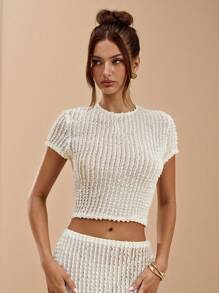 SHEIN BAE 女式纯白色褶皱透明纹理短袖上衣、女式 T 恤、纹理衬衫，适合外出、春夏季 - 杏色 - 查看 6