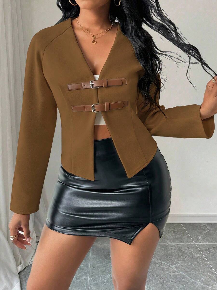 Zolique Chaqueta corta de unicolor, de moda para ir al trabajo, prenda de otoño/invierno para mujeres - Marrón - Ver 1