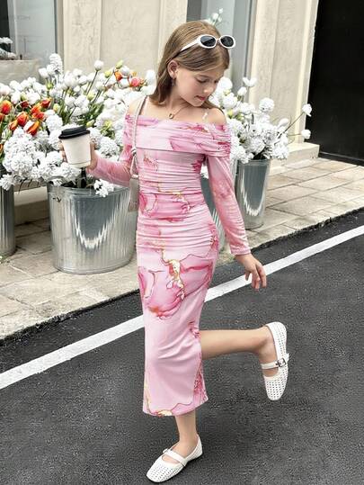 SHEIN Tween Girls Snug Fit Casual Minimalist Comfortable Off Shoulder Cinched Waist Midi Dress Pink Dress Long Sleeve Dress Girls Girls Pink Dress Pink Long Floral Dress Girl Floral Print Dress Floral Pink Dress Long Pink Dress Fall Winter