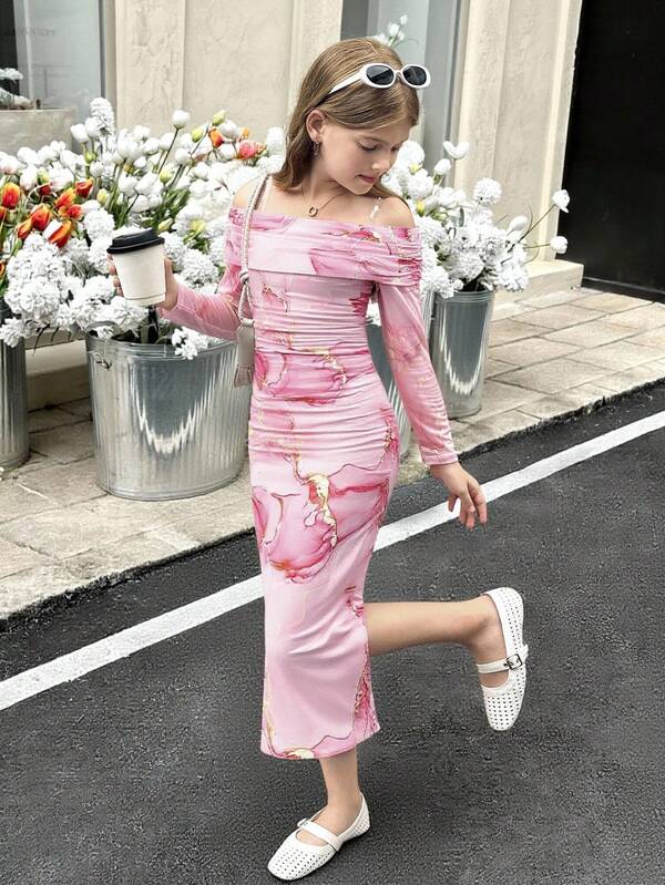 SHEIN Tween Girls Snug Fit Casual Minimalist Comfortable Off Shoulder Cinched Waist Midi Dress Pink Dress Long Sleeve Dress Girls Girls Pink Dress Pink Long Floral Dress Girl Floral Print Dress Floral Pink Dress Long Pink Dress Fall Winter
