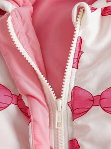 SHEIN 1 件女婴纯棉连帽连体衣，韩版蝴蝶结印花可爱甜美时尚百搭休闲厚保暖冬装 - 粉色 - 查看 6