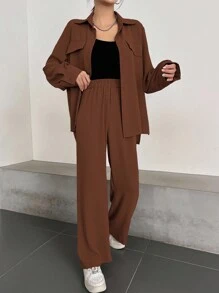 DAZY 女士休闲通勤纯色衬衫和裤子两件套，秋冬家居服套装 - 棕色 - 查看 3