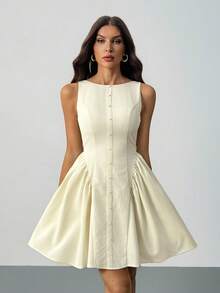 SHEIN Tall Váy mini trơn không tay dành cho nữ, thời trang cho mùa xuân, hè, thu, đông, thích hợp mặc nhiều lớp, dự tiệc, hẹn hò - Màu be - Xem 3