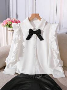 青春期女孩时尚复古白领衬衫，荷叶边袖设计，黑色蝴蝶结装饰，休闲校园风格 - 白色 - 查看 4