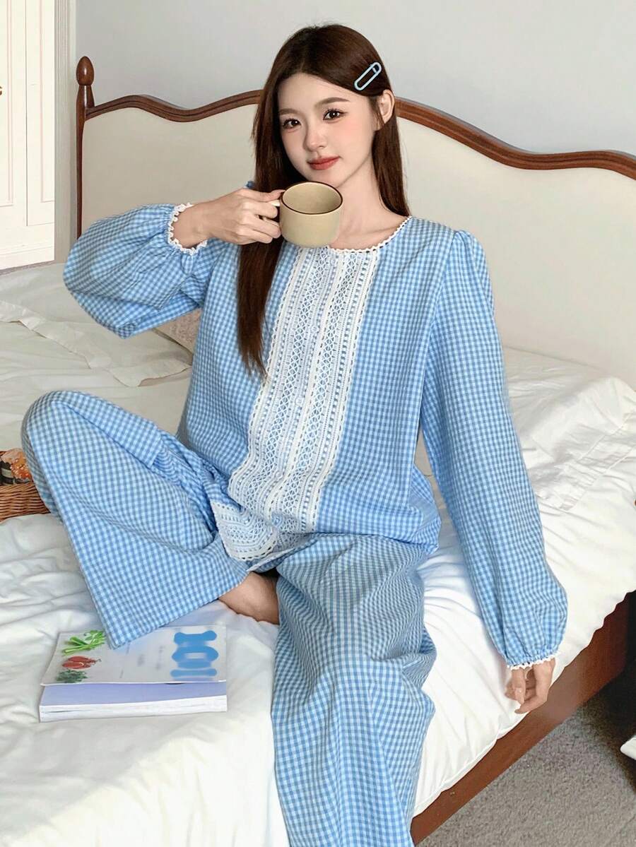 DAZY Plaid Contrast Ruffle Patchwork Lantern Sleeve Women Pajama Set, Fall Clothes - Blue - View 1