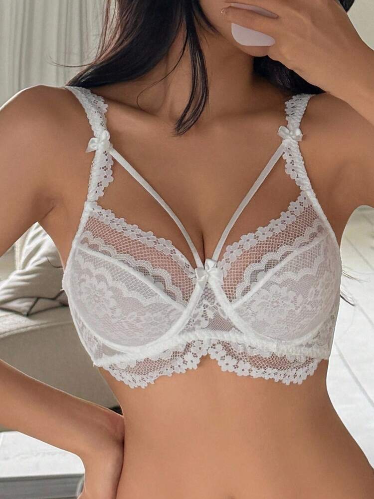White Lace Patchwork Semi-Sheer Lightly Padded Adjustable Spaghetti Strap Women Bra Lingerie For Women