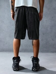 ROMWE MEN Anime Men's Dark Skull Hand Print Drawstring Waist Pocket Washed Shorts - Black - View 3