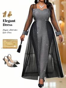 Fleurora Mono de manga larga con escote entallado, brillos metálicos y malla de contraste, ideal para fiestas elegantes, bodas, San Valentín, cócteles, conciertos y festivales de música. Disponible en tallas grandes para mujeres. Prendas glamorosas para ocasiones de fiesta en otoño e invierno. - Plateado - Ver 1