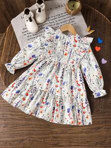 SHEIN Váy thường ngày nhún bèo họa tiết hoa voan cho bé gái - Màu Khaki - Xem 4