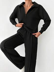 EURMUSE Women's Casual Solid Color Sweatshirt And Sweatpants 2 Pieces Set - Black - View 4