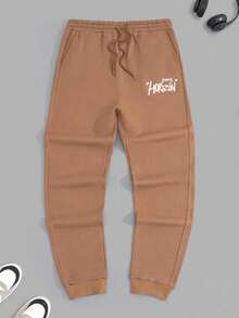 Men Letter Printed Elastic Drawstring Waist Regular Sweatpants - Brown - View 2