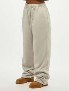 SUMWON WOMEN Pantaloni de trening supradimensionați cu logo grafic, cu picior larg, casual, cu șnur elastic în talie, confortabili, de iarnă - Gri - Vizualizare 2