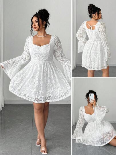 Elenzga Christmas Plus Size Women Lace Square Neck Long Sleeve Short Party/Date Dress Fall Cloth For Women