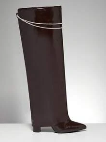 SHUZIA Botas altas hasta la rodilla con punta puntiaguda, tacón de bloque y correa con brillo para mujer - Marrón Chocolate - Ver 4
