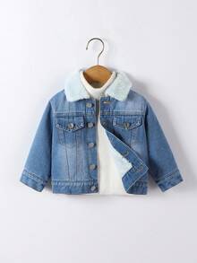 SHEIN Playful Pals 1pc Baby Boys' Casual Washed Light Blue Denim Jacket With Thermal Lined And Foldover Collar, Suitable For Baby Boys Autumn/Winter Fall - Light Wash - View 5