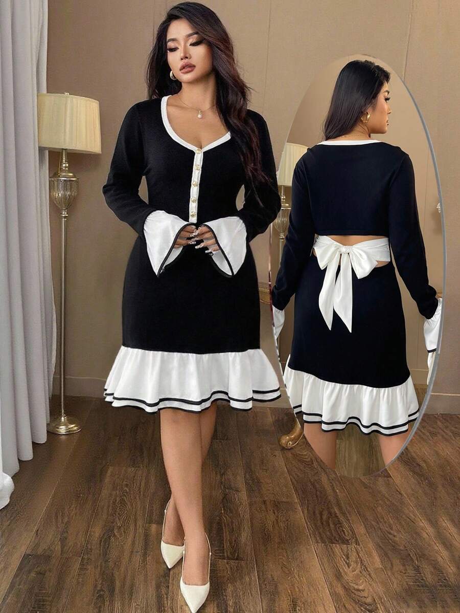 SHEIN Clasi Retro Elegance V-Neck Knit Dress With Black And White Contrast Flared Sleeves, Exuding A Refined Atmosphere. Backless Strapped Design, Combining Grace With Sensuality. The Perfect Choice For Parties And Dates. - Black and White - View 1