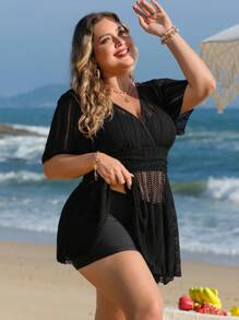 Swim Lushoire Plus Size Women 2pcs Solid Color Mesh Skirt Casual Beach Holiday Bikini Swimsuit Set For Summer Beach Vacation