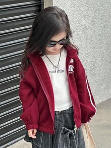 DAZY Young Girls Regular Collar English Print Contrast Stripe Decor Casual Sweatshirt Fall,Winter - Red - View 4