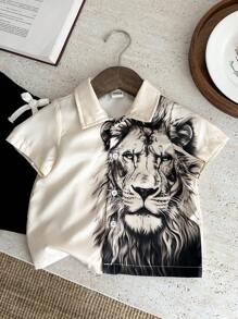 SHEIN 2 件套婴儿男孩/女孩休闲舒适时尚街头服饰狮子印花衬衫和短裤套装，适合春夏季 - 卡其色 - 查看 5