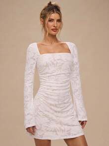SHEIN BAE Autumn And Winter Women's Birthday Party Outfit White Knitted 3D Floral Square Neck Long Sleeve Tight A-Line Mini Dress,Elegant Wedding Dresses,Autumn/Winter Dress ,New Year Dress,Party Dress ,White Dress, - White - View 4