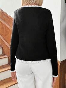 SHEIN LUNE Women's Autumn Floral 3D Decor Long Sleeve Lace Splicing Elegant Short Cardigan