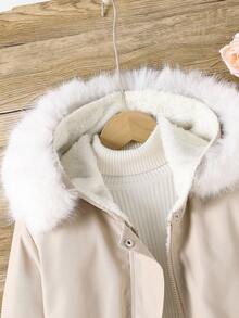女孩舒适休闲宽松毛绒衬里仿皮草装饰连帽中长款派克大衣 - 米色 - 查看 7