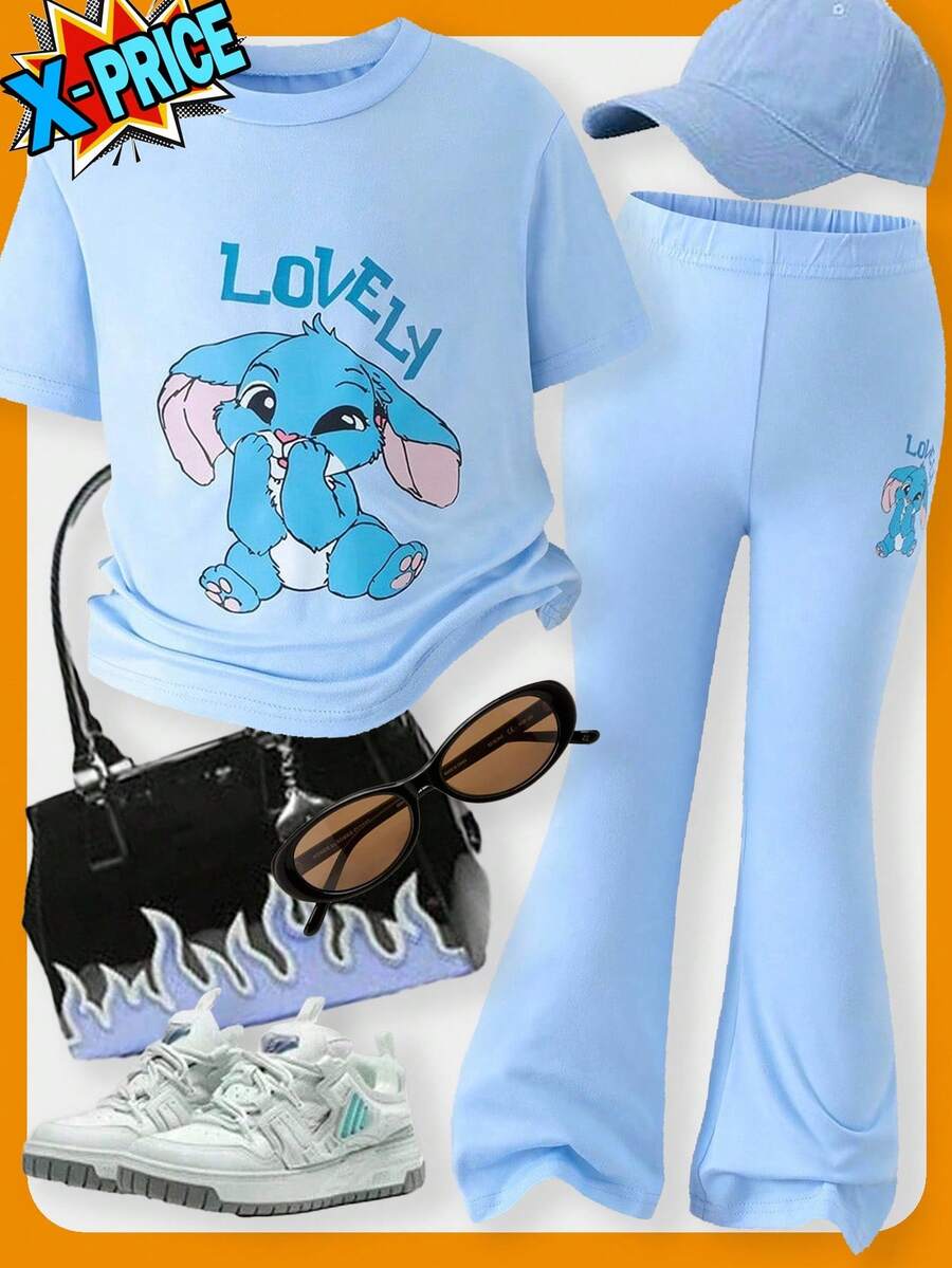 SHEIN 少女夏季运动可爱卡通兔子字母印花短袖T恤喇叭裤套装