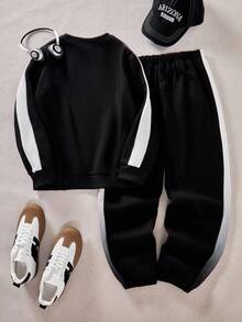 2件套男童休闲渐变印花宽松卫衣和运动裤套装 - 黑色 - 查看 2