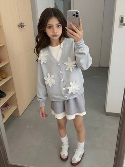 SHEIN كارديجان للبنات المراهقات، كنزة صوفية محبوكة بياقة على شكل حرف V مزينة بزخارف زهرية أنيقة، ناعمة ومتعددة الاستخدامات للارتداء اليومي، الخارجي، السفر، العطلات، المنزل، دار الحضانة، المدرسة، حفلات