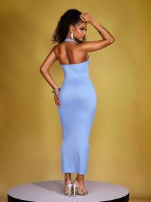 INAWLY Ladies Solid Color Halterneck Casual Daily Spring Summer Dress - Blue - View 2