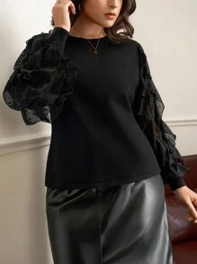 Chikora 大码女式圆领针织拼布雪纺镂空袖毛衣，经典时尚款式，适合日常穿着 - 黑色 - 查看 5