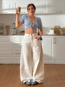 EURMUSE 高腰宽松白色牛仔裤 - 白色 - 查看 4