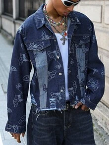 PAVTROS 男士宽松牛仔夹克，白色蝴蝶提花面料，做旧下摆和破洞设计，复古浪漫风格，春秋季 - 藍色 - 查看 4