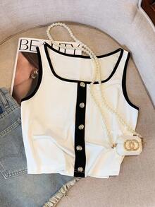 GlowEve 女士时尚简约拼色装饰纽扣吊带背心，适合夏季 - 黑與白 - 查看 5