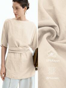 Aalyst Women's Linen Vacation Style Beach, Boat Neck Loose A-Line Waist Tie Long Blouse For Casual, Commute, Spring/Summer - Khaki - View 3