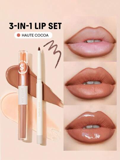 SHEGLAM Soft 90'S Glam Lip Liner And Lip Duo Set-Haute Cocoa Lip Set 3-In-1 Lip Makeup Plumping Lip Gloss Moisturizing Plant Extracts Long Lasting Liquid Lipstick Lip Makeup Brown Liquid Lipstick Brand Beauty Makeup Cosmetic For Women Girls Perfect For Fall Winter Ideal For Y2K Fancy Fashion Suitable For Birthday Present Halloween Party Ready Best Color