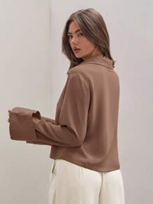 COSMINA Women's Plain Khaki Front Tie Long Sleeve Minimalist Business Casual Work Shirt, Casual Daily Wear FAll,Fall Tops,Elegant Women's Blouses - Brown - View 2
