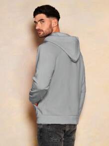 EURMUSE Herren Einfarbiger Kapuzenpullover mit Kordelzug, Herbst - Grau - Übersicht 2