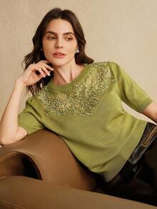 Anewsta Nuova Maglietta a Maniche Corte Ricamata, Design Elegante in Seta Lavorata a Maglia con Inserti in Pizzo, Maglione Elegante e Raffinato da Donna di Alta Gamma